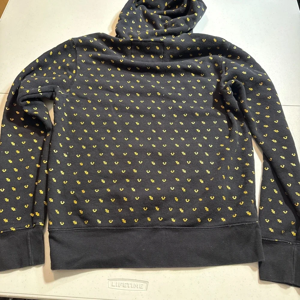 Y2K Style True Religion All Over Print Horseshoe Logo Hoodie Black‎ Gold Small